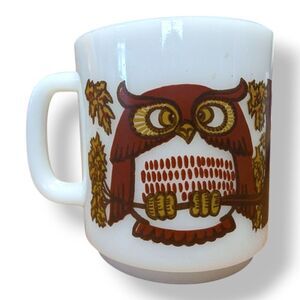Vintage Glasbake Brown Owl on Branch Milk Glass Coffee Mug Retro 70s Style